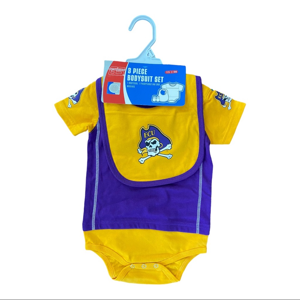 NWT EAST CAROLINA University ECU Pirates ONESIE BIB BOOTIES Bodysuit SET 24 Mo